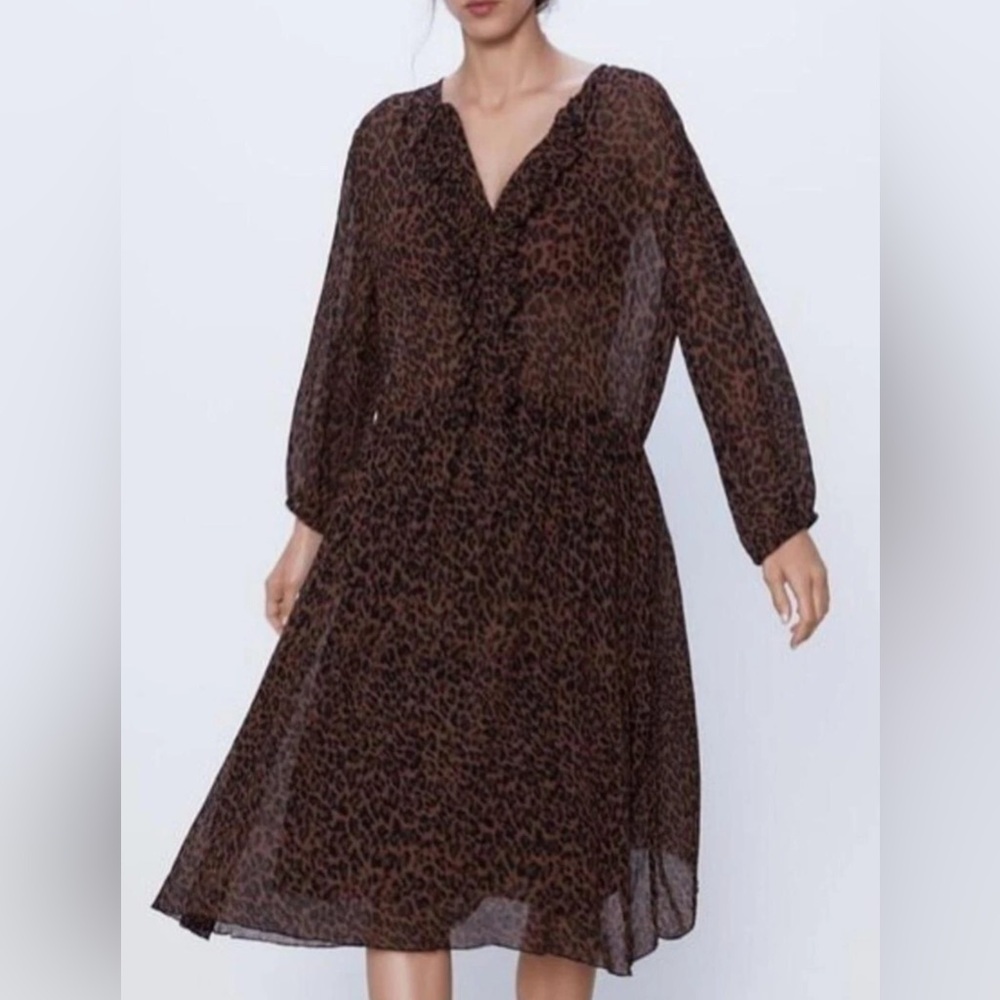 Zara Brown Animal Print Long Sleeve Dress